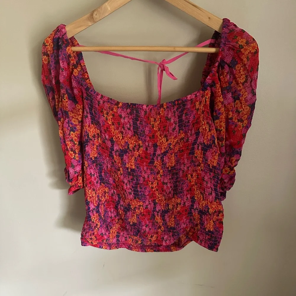 Free People Back On Cropped Top Smocked‎ Floral Print Balloon Sleeve NWT 273095
